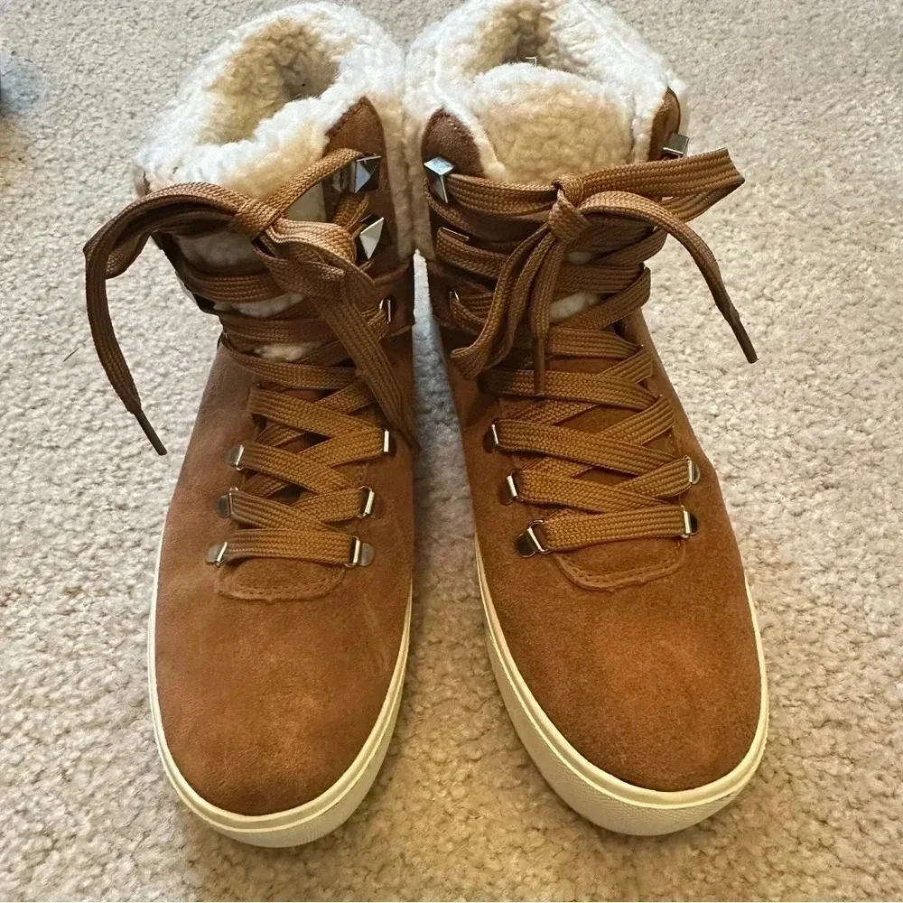 Marc‎ Fisher Darlen Brown Tan Leather Sherpa Casual Winter Lace Ankle Boots
